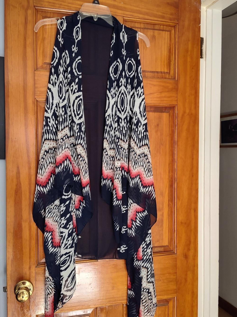 Open-Front Black Patterned Sleeveless Long Vest with Coral Trim